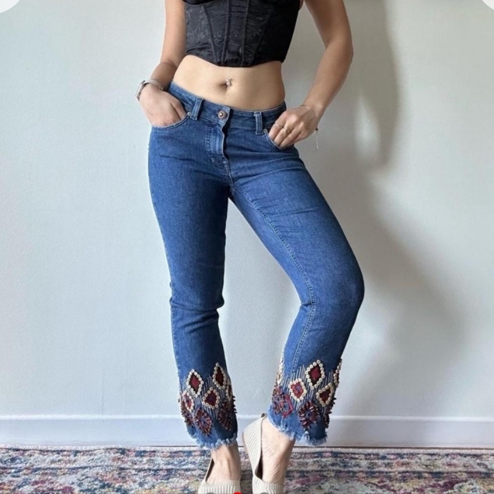 Raffaella Rossi Trend Line Jeans y2k med wash boho western beaded cropped 28